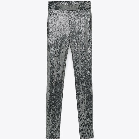 ZARA SILVER SEQUIN LEGGINGS - Picture 1 of 4